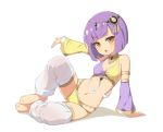 1girl bare_shoulders barefoot blush breasts dancer detached_sleeves jewelry looking_at_viewer midriff navel open_mouth original outstretched_arm purple_hair sand-rain sasaame simple_background solo white_background white_legwear yellow_eyes 
