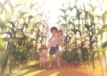  age_difference blush child closed_eyes corn corn_field hat height_difference holding_hands no_socks open_mouth original outdoors piggyback pon_(cielo) sandals short_hair siblings standing 