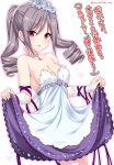  1girl ani_(artist) bare_shoulders blush breasts cleavage dress dress_lift drill_hair earrings grey_hair heart idolmaster idolmaster_cinderella_girls jewelry kanzaki_ranko large_breasts long_hair looking_at_viewer necklace open_mouth pendant red_eyes simple_background skirt_hold smile solo translated twin_drills twintails white_background 