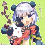  1girl :&lt; animal_ears character_request chestnut_mouth commentary_request hair_ornament looking_at_viewer midriff mishima_kurone open_mouth original panda_ears puppet ribbon solo stuffed_animal stuffed_toy teddy_bear twitter_username violet_eyes white_hair 