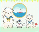  aqua_border ayu_(mog) bird black_eyes blue_sky border bottomless clouds flag hat looking_at_viewer no_humans original penguin polar_bear sailor sailor_hat salute ship sky solid_eyes standing water 