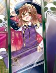  1girl bow brown_eyes brown_hair cape glasses hand_on_hip hat hat_bow hat_ribbon long_sleeves low_twintails mirror open_mouth panda plaid red-framed_glasses ribbon school_uniform shirt short_hair skirt smile solo sparkle suzune_yuuji touhou twintails usami_sumireko 