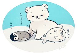  artist_name ayu_(mog) bird black_eyes fish lying no_humans original penguin polar_bear seal simple_background solid_circle_eyes sweat translation_request white_background 