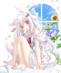  1girl animal_ears bare_shoulders barefoot bubble carrot_hair_ornament dress fake_animal_ears fish flower goldfish hair_ornament long_hair mitsuki morning_glory original popsicle red_eyes sitting star sunflower sweat tail white_hair 