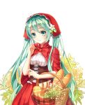  1girl absurdres basket bread corset dress flower food fruit green_eyes green_hair hair_flower hair_ornament hatsune_miku highres little_red_riding_hood long_hair looking_at_viewer solo strawberry twintails very_long_hair vocaloid white_background 