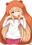  1girl ;q absurdres artist_name blonde_hair brown_eyes dated doma_umaru hamster_costume highres himouto!_umaru-chan long_hair looking_at_viewer one_eye_closed pointing pointing_at_self pose raonnoy shorts solo tongue tongue_out 