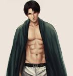  1boy abs belt black_hair cape kamille_areopagita levi_(shingeki_no_kyojin) muscle navel pants shingeki_no_kyojin shirtless short_hair simple_background 