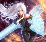  1girl bare_shoulders glowing glowing_shield glowing_weapon highres long_hair red_eyes seeker_(shzyu) selvaria_bles senjou_no_valkyria shield skirt solo thigh_gap weapon white_hair 