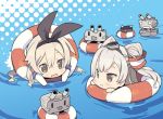  2girls :d amatsukaze_(kantai_collection) blade_(galaxist) blonde_hair brown_eyes hair_tubes hairband kantai_collection long_hair lowres multiple_girls open_mouth partially_submerged rensouhou-chan rensouhou-kun robot shimakaze_(kantai_collection) silver_hair smile turret water 