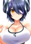  1girl breasts eyepatch gloves headgear highres kantai_collection large_breasts purple_hair short_hair swimsuit tenryuu_(kantai_collection) watarui yellow_eyes 