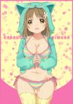  1girl animal_hood bikini breasts brown_eyes brown_hair cat_hood flower hair_flower hair_ornament hood idolmaster idolmaster_cinderella_girls manle mimura_kanako open_mouth plump short_hair solo striped striped_bikini striped_swimsuit swimsuit thigh-highs 