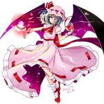  1girl alcohol bat_wings blue_hair bobby_socks cup dress energy_ball gotoh510 grin hair_over_one_eye hat hat_ribbon highres light mob_cap pink_eyes remilia_scarlet ribbon sash simple_background smile socks solo touhou white_background wine wine_glass wings wrist_cuffs 
