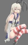  1girl blonde_hair blue_eyes breasts elbow_gloves gloves grey_background hair_between_eyes highres kantai_collection kiyomasa_f long_hair looking_at_viewer navel shimakaze_(kantai_collection) simple_background sitting solo striped striped_legwear thigh-highs white_gloves 