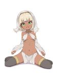  1girl bare_shoulders black_legwear blonde_hair blush breasts bridal_gauntlets circlet dark_skin green_eyes looking_at_viewer midriff navel open_mouth original sand-rain sasaame simple_background smile solo thigh-highs veil white_background 