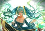 1girl aqua_hair bare_shoulders blue_dress blue_eyes breasts collarbone dress etwahl gradient_hair hair_between_eyes huayue instrument large_breasts league_of_legends long_hair looking_at_viewer multicolored_hair off_shoulder open_mouth reaching_out solo sona_buvelle twintails very_long_hair 