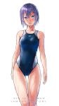  1girl blue_eyes competition_swimsuit highres one-piece_swimsuit original purple_hair short_hair standing swimsuit wantacchi wet 