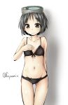  bangs bikini black_bikini black_hair breasts brown_eyes collarbone diving_mask diving_mask_on_head fuyu_mi hand_on_own_chest kantai_collection maru-yu_(kantai_collection) navel parted_bangs short_hair simple_background sweatdrop swimsuit twitter_username 