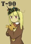  1girl anyan_(jooho) blonde_hair highres mecha_musume military military_vehicle original personification red_eyes simple_background sketch solo star stuffed_animal stuffed_toy t-90 tank teddy_bear twintails vehicle 