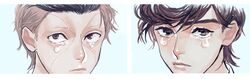  2boys black_hair grey_hair higashikata_jousuke highres jojo_no_kimyou_na_bouken multiple_boys nijimura_okuyasu pompadour supocon tears younger 