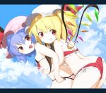  2girls :d alternate_costume ass asymmetrical_hair asymmetrical_wings bat_wings bikini black_bikini blonde_hair clouds cloudy_sky flandre_scarlet flat_chest from_side hair_between_eyes hug hug_from_behind lavender_hair midriff mob_cap multiple_girls open_mouth red_bikini red_eyes remilia_scarlet siblings side-tie_bikini side_ponytail sisters sky smile swimsuit thighs touhou wings yukihiko_(sky_sleep) 