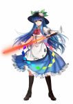 1girl blue_hair douyougen food fruit full_body hat hinanawi_tenshi long_hair long_skirt peach red_eyes simple_background skirt smile solo sword_of_hisou touhou weapon