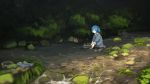  1girl blue_boots blue_eyes blue_hair boots boots_removed bush hair_bobbles hair_ornament hat hat_removed headwear_removed kawashiro_nitori kitsune_(kazenouta) landscape leaf long_sleeves nature partially_submerged plant river rock rubber_boots shirt short_hair skirt skirt_set solo touhou tree two_side_up vest water 