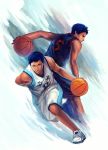  2boys aomine_daiki basketball blue_eyes blue_hair grin gym_uniform kamille_areopagita kuroko_no_basuke male multiple_boys running short_hair shorts sleeveless 