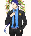  1boy blue_hair fate/stay_night fate_(series) formal lancelot_(smalock) lancer ponytail solo suit 