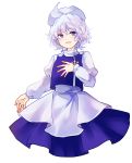  1girl apron blue_eyes juliet_sleeves letty_whiterock long_sleeves open_mouth puffy_sleeves shirt short_hair silver_hair skirt skirt_set smile solo touhou triangular_headpiece uranaishi_(miraura) vest waist_apron 