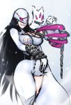  1girl alternate_color asymmetrical_clothes black_hair breasts cape chain claws demon_girl digimon digimon_adventure ghost helmet impossible_clothes ladydevimon large_breasts long_hair pale_skin pink_eyes scathegrapes single_pantsleg solo thick_thighs thighs 
