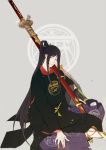  1boy black_hair indian_style japanese_clothes male_focus nineo ootachi ponytail sitting sword tarou_tachi touken_ranbu weapon yellow_eyes 