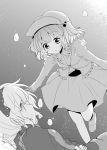  2girls :t aoi_(annbi) boots bow comic hair_bobbles hair_bow hair_ornament hat highres kawashiro_nitori kurodani_yamame long_sleeves looking_at_another monochrome multiple_girls short_hair silent_comic skirt swimming touhou twintails underwater 