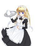  1girl alphal_(aar64210) apron blonde_hair blue_eyes cup long_hair maid maid_apron maid_headdress original saucer smile solo tea_set teacup teapot tray 