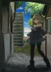  1girl alive_turtle bare_shoulders blue_eyes blue_sky boots brown_hair brown_legwear clouds green_eyes heterochromia idolmaster idolmaster_cinderella_girls long_sleeves looking_at_viewer looking_back outdoors pantyhose short_hair shorts sky smile solo stairway takagaki_kaede tree walking_away 