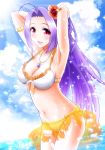  1girl bikini eva_16-gouki highres idolmaster idolmaster_one_for_all miura_azusa purple_hair red_eyes sarong swimsuit water 