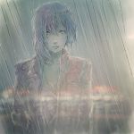  1girl ghost_in_the_shell ghost_in_the_shell_arise highres jacket kusanagi_motoko looking_at_viewer parted_lips popped_collar purple_hair rain reflection short_hair sketch solo valkorn wet 