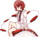  1girl blazer crossed_legs drum drum_set drumsticks horikawa_raiko instrument long_sleeves looking_at_viewer miniskirt necktie red_eyes redhead shirt short_hair sitting_on_drum skirt smile solo touhou uranaishi_(miraura) 