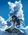  1girl blue_hair blue_sky bow clouds food fruit hat hinanawi_tenshi light_smile long_hair looking_at_viewer peach puffy_short_sleeves puffy_sleeves red_eyes shirt short_sleeves silence_girl skirt sky solo touhou very_long_hair 