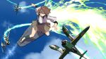  1girl airplane blew_andwhite brown_eyes brown_hair clouds condensation_trail eureka_seven eureka_seven_(series) flight_deck flying hyuuga_(kantai_collection) japanese_clothes kantai_collection nontraditional_miko ocean sandals shirt short_hair skirt sky sky_surfing skyboard smile solo undershirt 