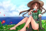  1girl brown_eyes brown_hair clouds cloudy_sky dress grass hair_between_eyes hair_ribbon hat kakigouri kantai_collection long_hair looking_at_viewer ocean pelvic_curtain popsicle ribbon short_dress side_slit single_elbow_glove sketch sky solo straw_hat thighs tone_(kantai_collection) twintails 