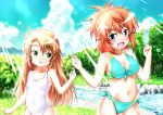  2girls alternate_color bikini blue_eyes brown_hair green_eyes highres koshigaya_komari koshigaya_natsumi kurimuzon long_hair multiple_girls non_non_biyori one-piece_swimsuit popsicle redhead short_hair siblings sisters swimsuit 