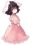  1girl animal_ears black_hair bunny_tail dress inaba_tewi looking_at_viewer looking_back pink_dress puffy_short_sleeves puffy_sleeves rabbit_ears red_eyes short_sleeves smile solo tail touhou uranaishi_(miraura) 