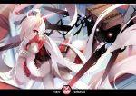  1girl copyright_name demon_girl horns long_hair looking_at_viewer monster pixiv_fantasia pixiv_fantasia_t pointy_ears red_eyes rulu_(saru) saru very_long_hair white_hair 