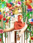  1girl ascot birdcage blonde_hair cage flandre_scarlet flower hat hat_ribbon highres indo_(mdtanaka2007) long_hair mob_cap open_mouth pink_eyes puffy_short_sleeves puffy_sleeves ribbon sash shirt short_sleeves side_ponytail sitting smile solo touhou very_long_hair wings 