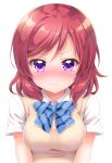  1girl :i blush bow bowtie breasts large_breasts looking_at_viewer love_live!_school_idol_project nishikino_maki pout redhead sakurai_makoto_(custom_size) school_uniform short_hair simple_background solo tears upper_body violet_eyes white_background 