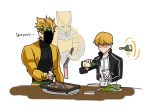 3boys alcohol blonde_hair color_connection dio_brando fate/stay_night fate_(series) gate_of_babylon gilgamesh hair_color_connection headband jojo_no_kimyou_na_bouken mabaem multiple_boys red_eyes season_connection stand_(jojo) the_world wine 