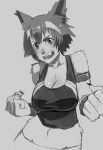  1girl animal_ears armband blush breasts cleavage clenched_hands dog_ears fangs fingernails fur large_breasts midriff monster_girl monster_musume_no_iru_nichijou navel polt sharp_fingernails short_hair solo tank_top whistle_frog wide_hips 