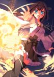  1girl blue_eyes brown_hair explosion firing_at_viewer highres kantai_collection kawai_(purplrpouni) kongou_(kantai_collection) looking_at_viewer night nontraditional_miko open_mouth outstretched_arm outstretched_hand solo thigh-highs zettai_ryouiki 