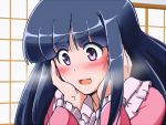  1girl architecture bangs black_hair blunt_bangs blush close-up east_asian_architecture flustered hands_on_own_cheeks hands_on_own_face hime_cut houraisan_kaguya indoors kamelie long_hair looking_down open_mouth pink_eyes portrait solo touhou 