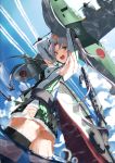  1girl ahoge akitsushima_(kantai_collection) armpits arms_up from_below grey_eyes kantai_collection looking_at_viewer open_mouth reppuu_(kantai_collection) silver_hair skirt sky solo thigh-highs tsuuhan twintails wet wet_clothes 